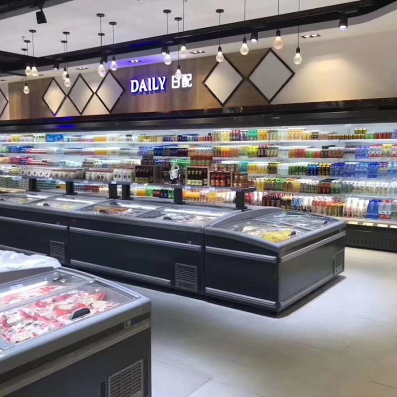 Supermarket frozen and refrigerated island cabinets optimize the display and storage of fresh produce