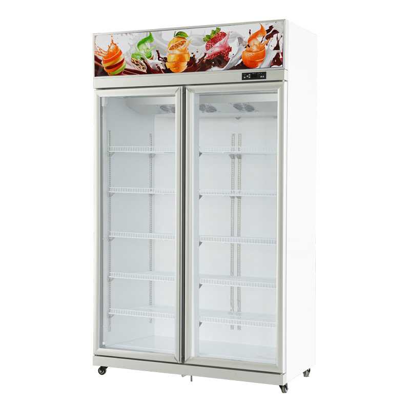 A double-door white refrigerated display cabinet with fruit patterns and an operation panel