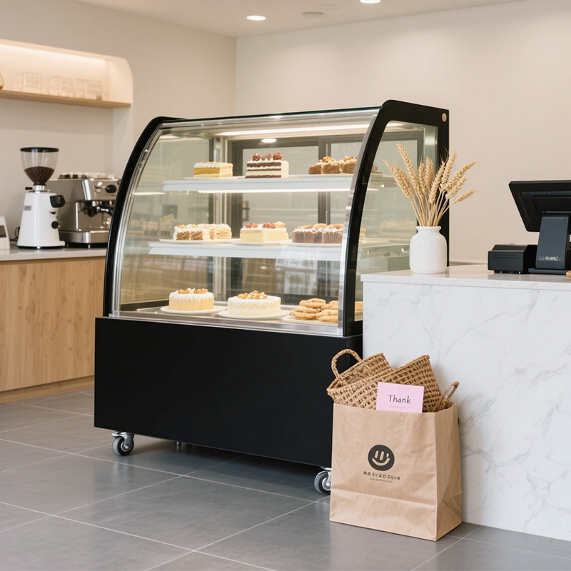The arc-shaped glass cabinet of the popular dessert shop is a multi-layer cake refrigeration display cabinet with wheels that can be moved