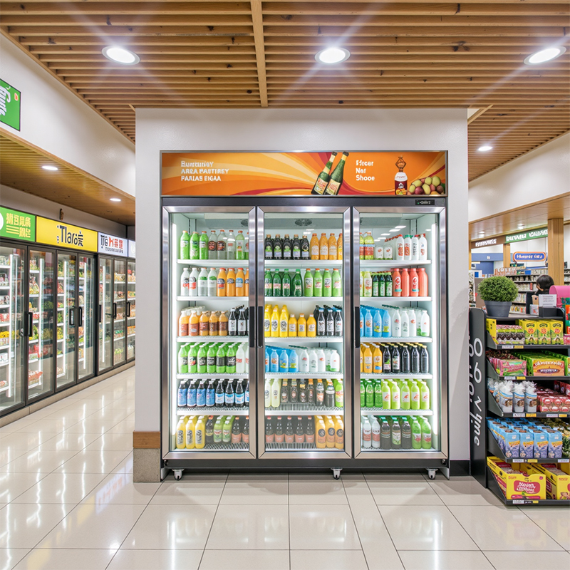 The three-door refrigerated display cabinet in the supermarket's beverage section offers a multi-category fresh-keeping display