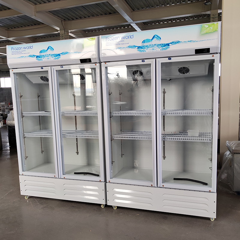 Commercial refrigeration equipment with glass doors for double-unit four-door display refrigerators