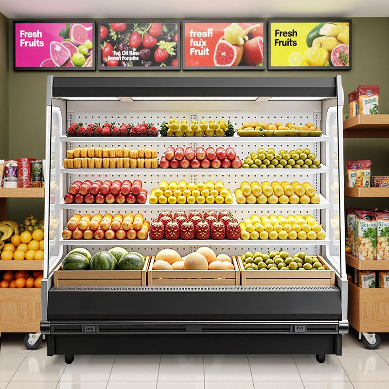Commercial refrigerated air curtain cabinet, transparent glass + multi-layer storage, essential for supermarket beverage display