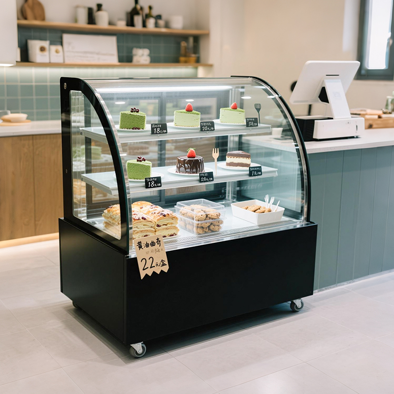 The arc-shaped glass cake display cabinet is a commercial bakery dessert cold storage display cabinet and an eye-catching tool for multi-storey stores
