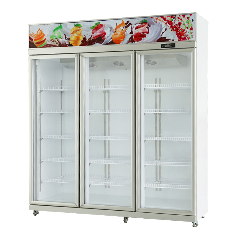 Vertical tres puertas reefer display case color plata con patrón de frutas congelador superior