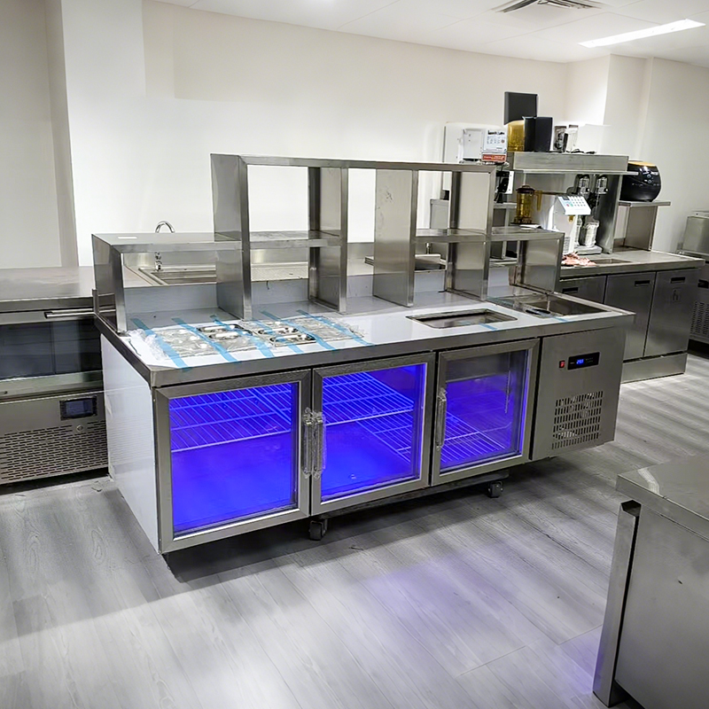 Commercial stainless steel refrigerated operation counter, milk tea shop water bar counter with glass door fresh-keeping work cabinet