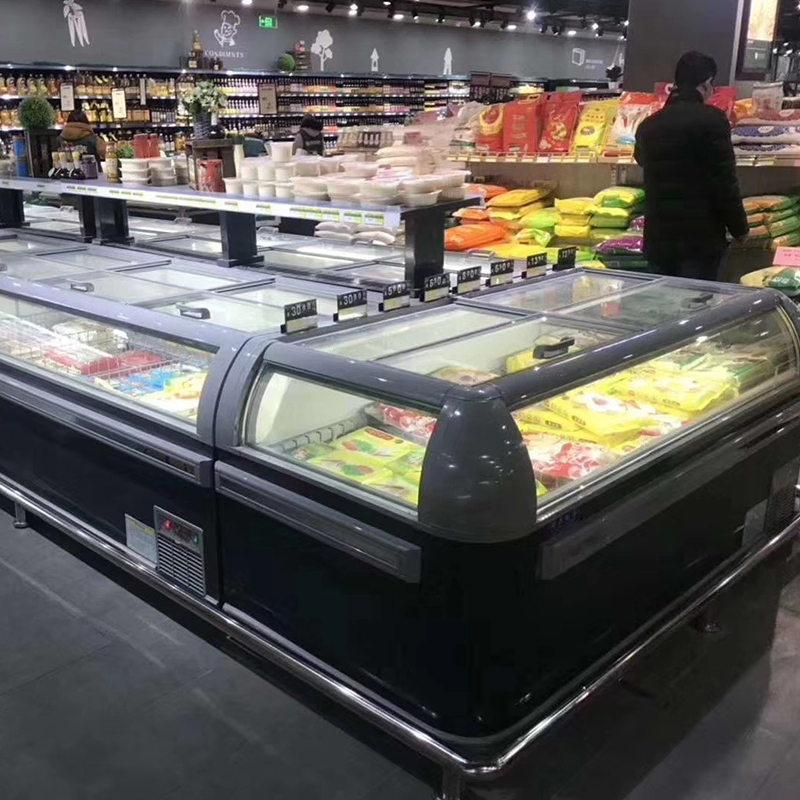 Supermarket cold chain equipment set: Air-cooled island cabinet + air curtain cabinet to help preserve and display goods