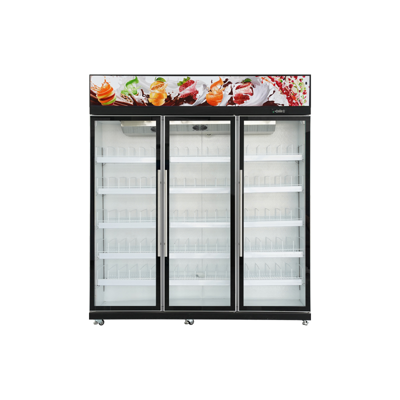 Con decoración de frutas congelador de tres puertas puerta de vidrio vertical bebidas exhibición congelador