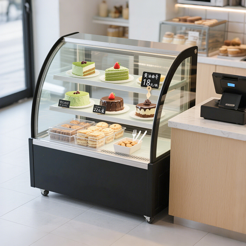 Commercial multi-layer cake display cabinet for dessert shops with curved glass refrigerators