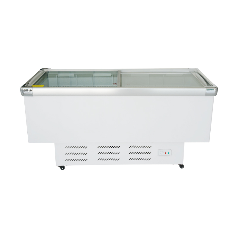 White wheeled commercial freezer, transparent glass door refrigeration and freezing equipment