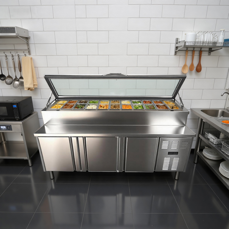 Stainless steel fresh-keeping salad table, commercial refrigerated workbench, kitchen cooking refrigeration display equipment
