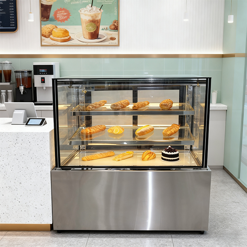 The three-layer transparent bread and dessert display cabinet creates a stage for showcasing delicious baked goods