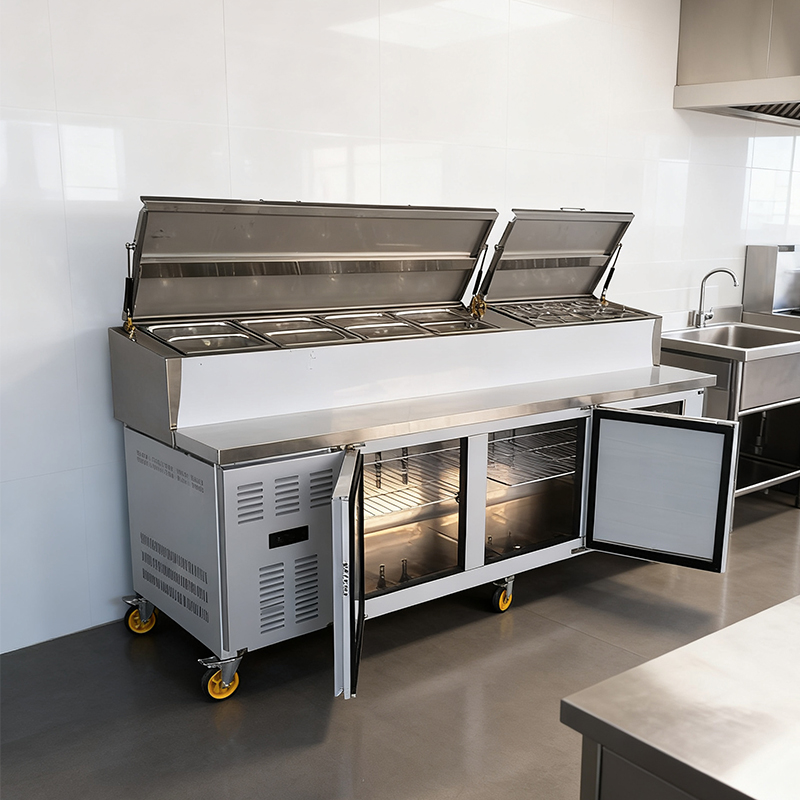 The commercial kitchen stainless steel refrigerated operation table with multi-compartment fresh-keeping rollers is easy to move