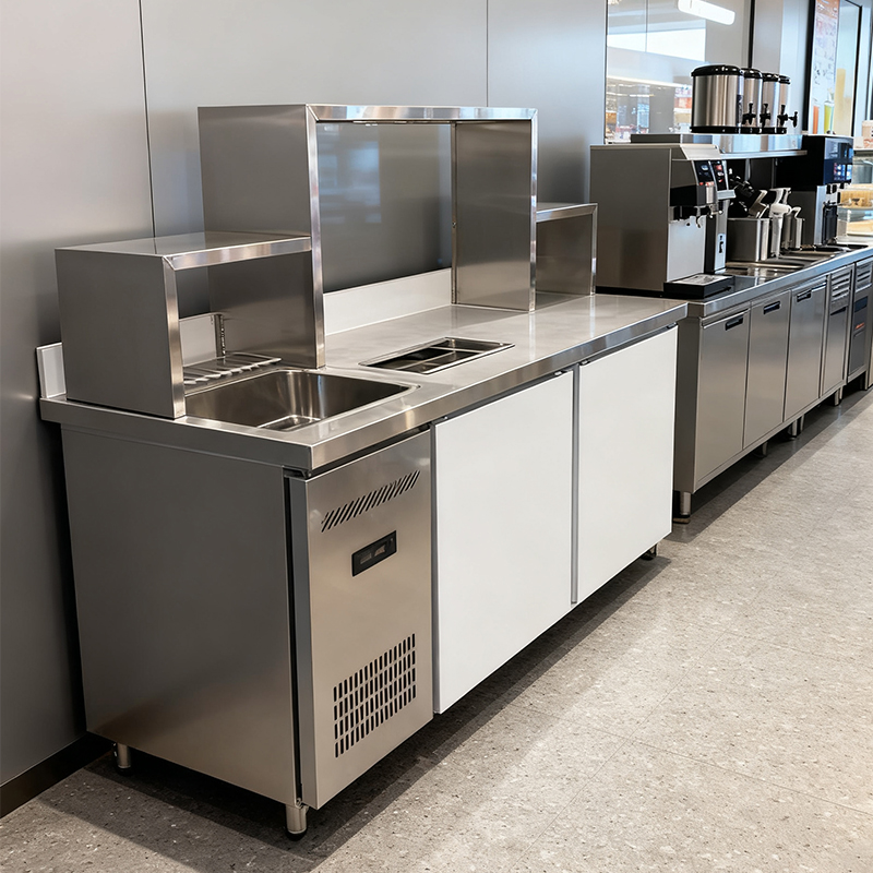Stainless Steel Commercial Beverage Workstation - All-in-One Coffee & Juice Bar with Refrigeration and Sink”